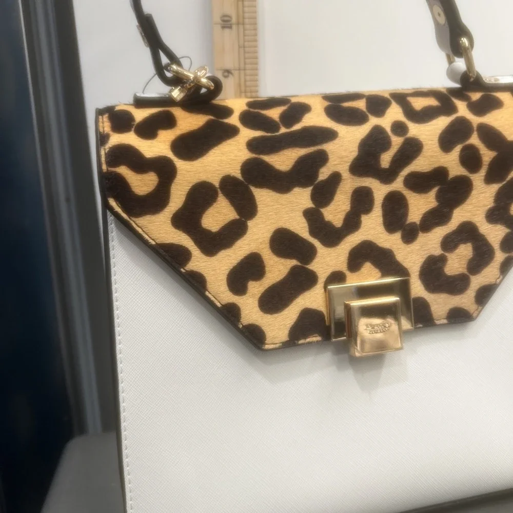 NEW-DUNE-White Leopard Women's Dune Genuine Calf Hair Leather Purse Handbag